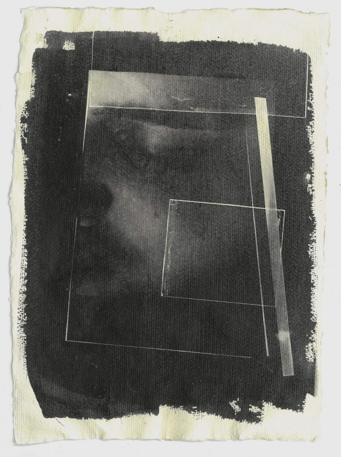 Your Portrait Falls from the Glistening Glass Frame. Liquid Emulsion, Khadi Paper, 11.5×8.5” inch, 1_1 unique print. £300. Developed using Rosemary Tea.